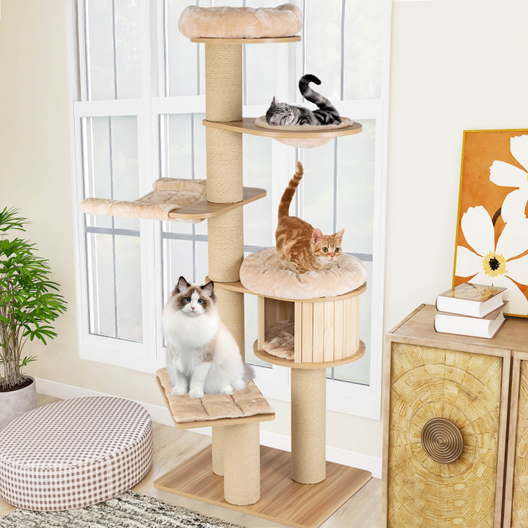 Modern Tall Cat Tree Tower with Scratch Posts and Washable Mats-BeigeCostway Gallery View 6 of 10